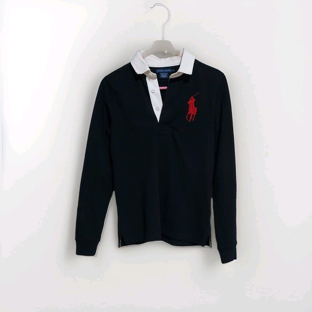 VTG 90s Ralph Lauren Polo Rugby Shirt Mens Medium Black with Red Big Pony 3